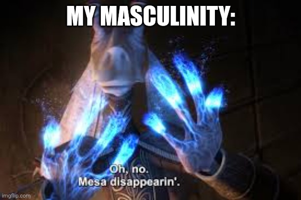 oh no mesa disappearing | MY MASCULINITY: | image tagged in oh no mesa disappearing | made w/ Imgflip meme maker