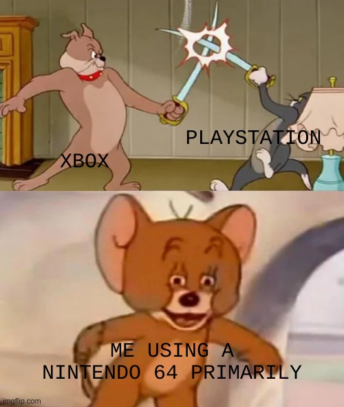 Tom and Spike fighting | PLAYSTATION; XBOX; ME USING A NINTENDO 64 PRIMARILY | image tagged in tom and spike fighting | made w/ Imgflip meme maker