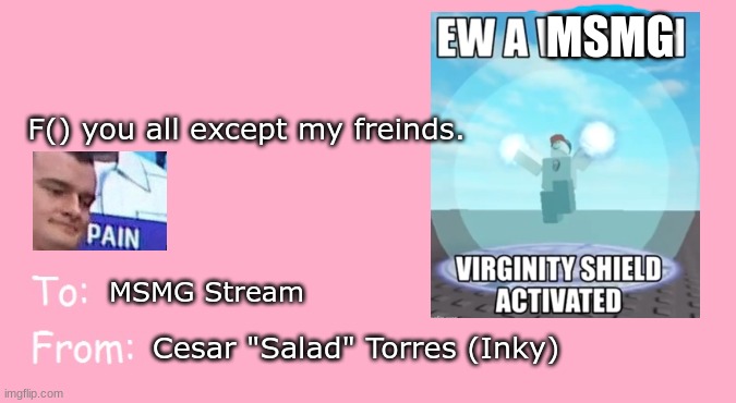 For the MSMG Stream. | MSMG; F() you all except my freinds. MSMG Stream; Cesar "Salad" Torres (Inky) | image tagged in valentine's day card meme,msmg,no offense | made w/ Imgflip meme maker