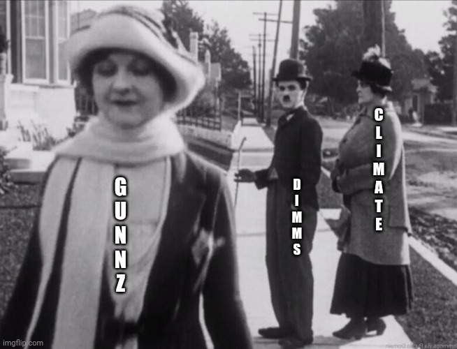 Election Year | C
L
I
M
A
T
E; G
U
N
N
Z; D
I
M
M
S | image tagged in distracted chaplin,memes,funny memes | made w/ Imgflip meme maker