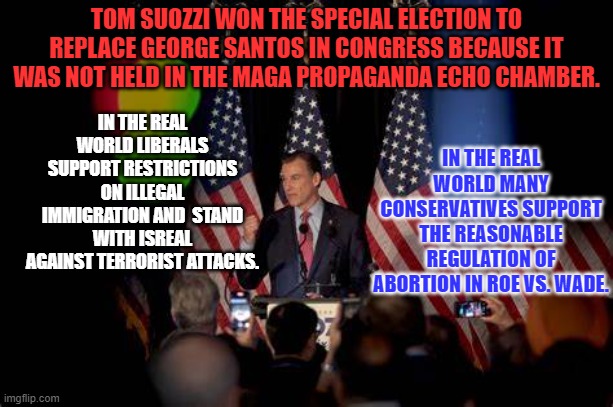 Dems outspent the GOP $13-mil. to $8-mil. in this race. Money is the "Mother's Milk" of Politics. | TOM SUOZZI WON THE SPECIAL ELECTION TO REPLACE GEORGE SANTOS IN CONGRESS BECAUSE IT WAS NOT HELD IN THE MAGA PROPAGANDA ECHO CHAMBER. IN THE REAL WORLD MANY CONSERVATIVES SUPPORT THE REASONABLE REGULATION OF ABORTION IN ROE VS. WADE. IN THE REAL WORLD LIBERALS SUPPORT RESTRICTIONS ON ILLEGAL IMMIGRATION AND  STAND WITH ISREAL AGAINST TERRORIST ATTACKS. | image tagged in politics | made w/ Imgflip meme maker