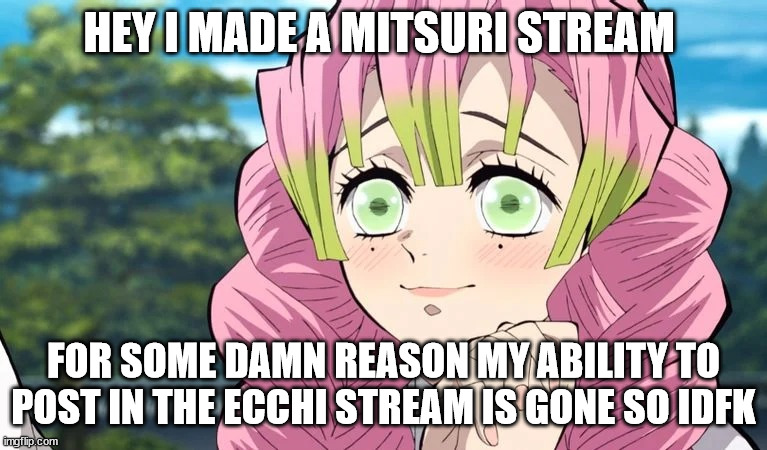 idk | HEY I MADE A MITSURI STREAM; FOR SOME DAMN REASON MY ABILITY TO POST IN THE ECCHI STREAM IS GONE SO IDFK | image tagged in mitsuri adores | made w/ Imgflip meme maker
