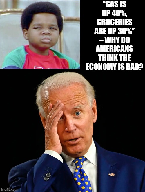 You just need to ask why!! | “GAS IS UP 40%, GROCERIES ARE UP 30%” – WHY DO AMERICANS THINK THE ECONOMY IS BAD? | image tagged in biden,special kind of stupid | made w/ Imgflip meme maker