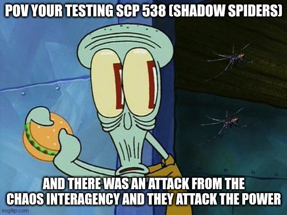 oh shi- spiders | POV YOUR TESTING SCP 538 (SHADOW SPIDERS); AND THERE WAS AN ATTACK FROM THE CHAOS INTERAGENCY AND THEY ATTACK THE POWER | image tagged in oh shit squidward | made w/ Imgflip meme maker