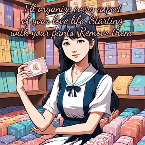 Worst new Waifu? | I'll organize every aspect of your love life. Starting with your pants. Remove them. | image tagged in stop it get some help,this brings joy,this does not,bring joy,marie kondo | made w/ Imgflip meme maker