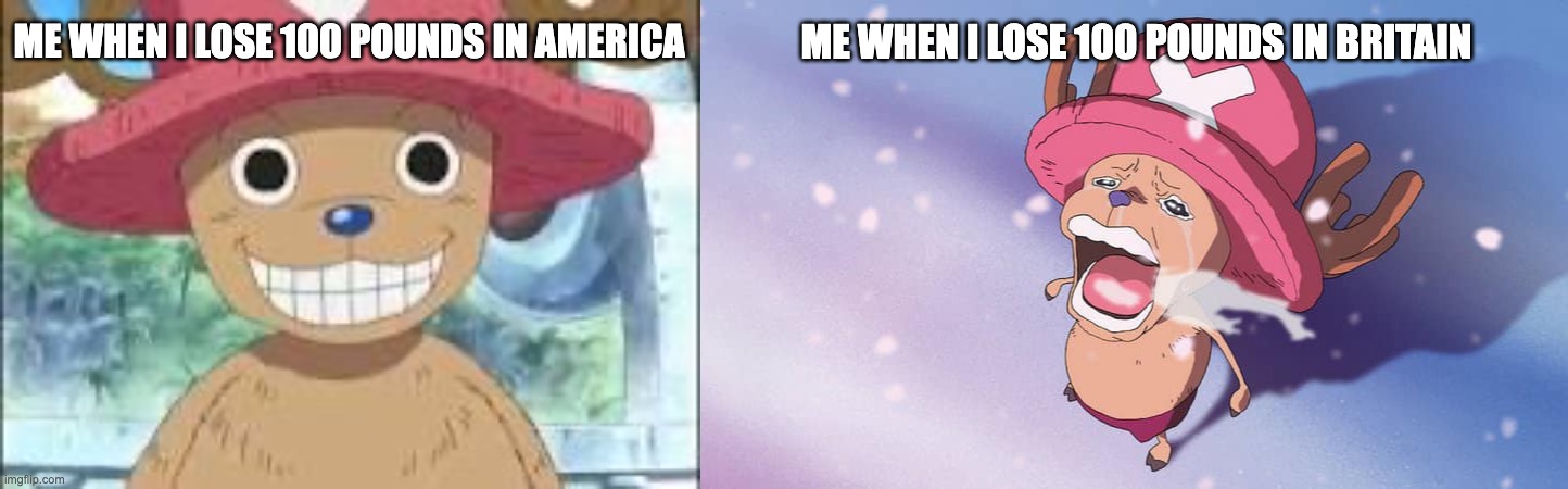 ME WHEN I LOSE 100 POUNDS IN BRITAIN; ME WHEN I LOSE 100 POUNDS IN AMERICA | image tagged in chopper smiling,crying chopper one piece | made w/ Imgflip meme maker
