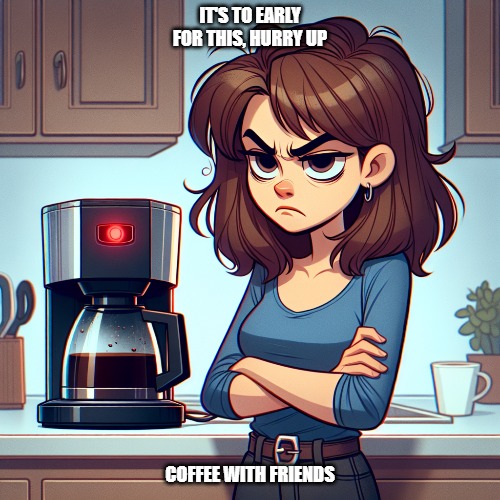 Morning rush | IT'S TO EARLY FOR THIS, HURRY UP; COFFEE WITH FRIENDS | image tagged in coffee,coffee addict,mornings | made w/ Imgflip meme maker