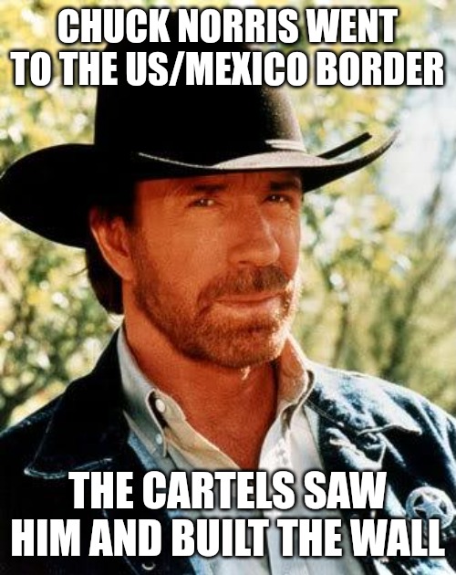Chuck Norris gets the wall built. | CHUCK NORRIS WENT TO THE US/MEXICO BORDER; THE CARTELS SAW HIM AND BUILT THE WALL | image tagged in memes,chuck norris | made w/ Imgflip meme maker