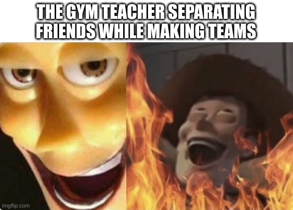 evil | THE GYM TEACHER SEPARATING FRIENDS WHILE MAKING TEAMS | image tagged in satanic woody no spacing | made w/ Imgflip meme maker