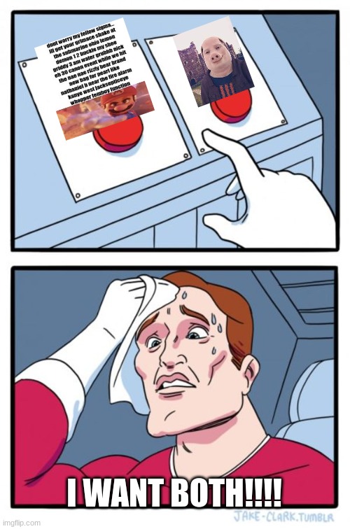 Pick | I WANT BOTH!!!! | image tagged in memes,two buttons | made w/ Imgflip meme maker