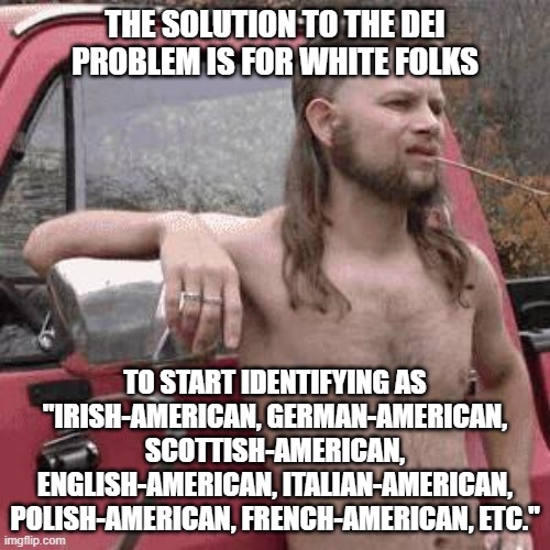 almost redneck | THE SOLUTION TO THE DEI PROBLEM IS FOR WHITE FOLKS; TO START IDENTIFYING AS "IRISH-AMERICAN, GERMAN-AMERICAN, SCOTTISH-AMERICAN, ENGLISH-AMERICAN, ITALIAN-AMERICAN, POLISH-AMERICAN, FRENCH-AMERICAN, ETC." | image tagged in almost redneck | made w/ Imgflip meme maker