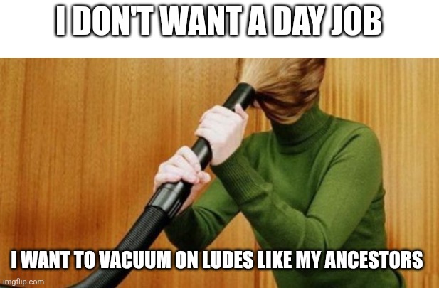 I DON'T WANT A DAY JOB; I WANT TO VACUUM ON LUDES LIKE MY ANCESTORS | image tagged in 1970s | made w/ Imgflip meme maker