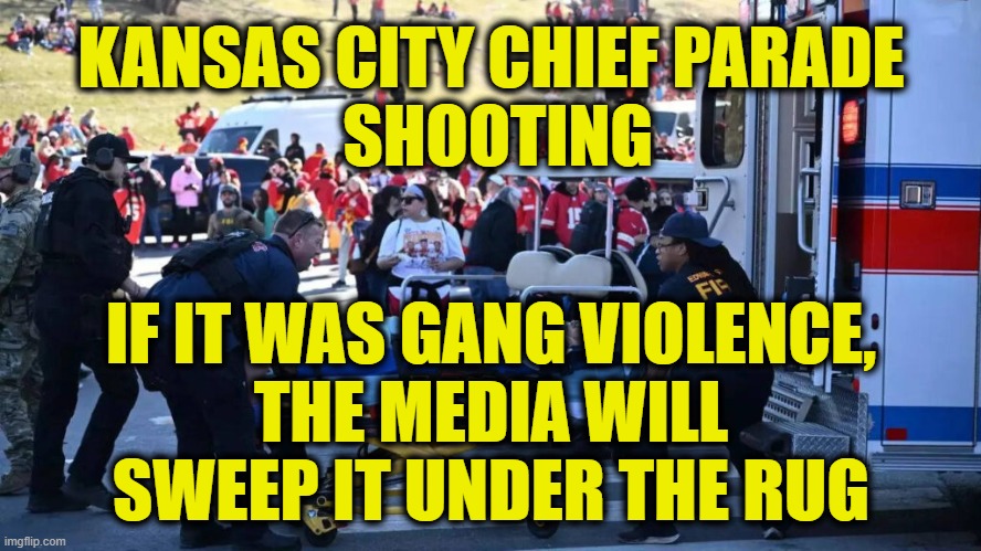 Prediction | KANSAS CITY CHIEF PARADE
 SHOOTING; IF IT WAS GANG VIOLENCE,
THE MEDIA WILL
SWEEP IT UNDER THE RUG | image tagged in biased media | made w/ Imgflip meme maker