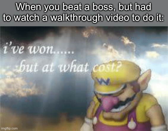 Fr | When you beat a boss, but had to watch a walkthrough video to do it: | image tagged in i've won but at what cost | made w/ Imgflip meme maker