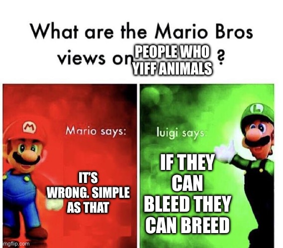 Mario Bros Views | PEOPLE WHO YIFF ANIMALS; IT’S WRONG. SIMPLE AS THAT; IF THEY CAN BLEED THEY CAN BREED | image tagged in mario bros views | made w/ Imgflip meme maker