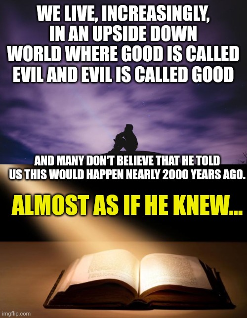WE LIVE, INCREASINGLY, IN AN UPSIDE DOWN WORLD WHERE GOOD IS CALLED EVIL AND EVIL IS CALLED GOOD; AND MANY DON'T BELIEVE THAT HE TOLD US THIS WOULD HAPPEN NEARLY 2000 YEARS AGO. ALMOST AS IF HE KNEW... | image tagged in man alone on hill at night,bible | made w/ Imgflip meme maker