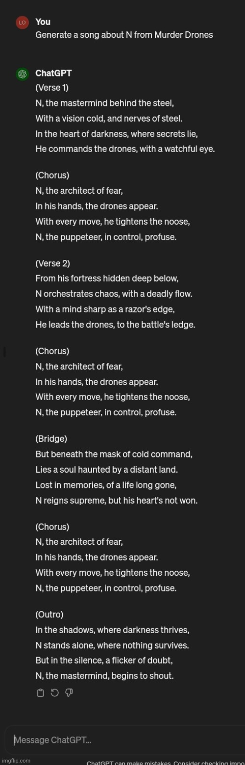 Straight bars | image tagged in murder drones,chatgpt | made w/ Imgflip meme maker