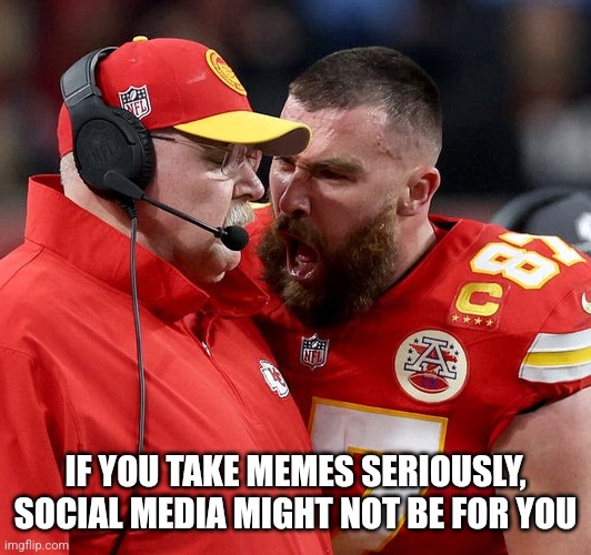 Travis Kelce screaming | IF YOU TAKE MEMES SERIOUSLY, SOCIAL MEDIA MIGHT NOT BE FOR YOU | image tagged in travis kelce screaming | made w/ Imgflip meme maker