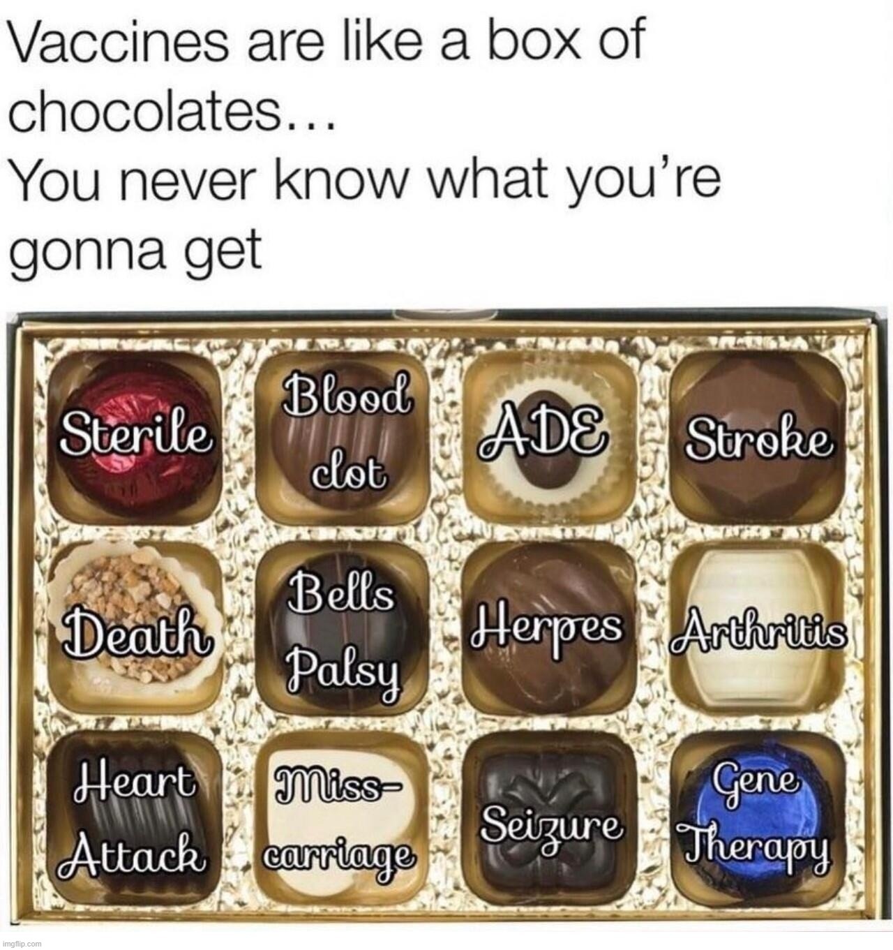Vaccines are like a box of chocolates. | image tagged in vaccines,clot shot,myocardia,heart attack,seizure,covidiots | made w/ Imgflip meme maker