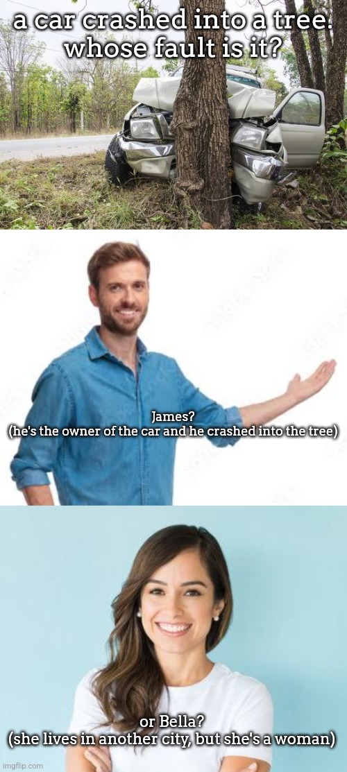 Who do you think it is | a car crashed into a tree.
whose fault is it? James?
(he's the owner of the car and he crashed into the tree); or Bella?
(she lives in another city, but she's a woman) | made w/ Imgflip meme maker