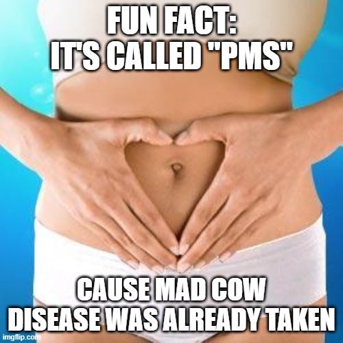 PMS | FUN FACT: IT'S CALLED "PMS"; CAUSE MAD COW DISEASE WAS ALREADY TAKEN | image tagged in menstrual disorders | made w/ Imgflip meme maker