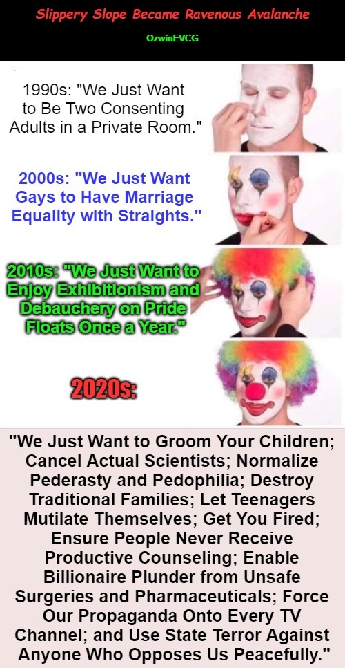 Slippery Slope Became Ravenous Avalanche [NV] | image tagged in clown world,war on children,myth of progress,weimerica,lgbtq,clown applying makeup | made w/ Imgflip meme maker