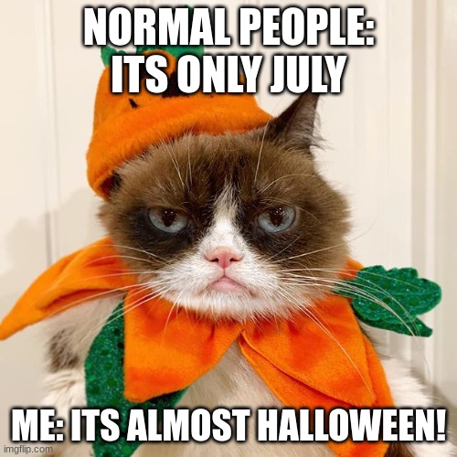 lol | NORMAL PEOPLE: ITS ONLY JULY; ME: ITS ALMOST HALLOWEEN! | image tagged in grumpy cat halloween | made w/ Imgflip meme maker
