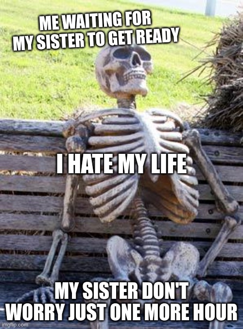 random ass shit | ME WAITING FOR MY SISTER TO GET READY; I HATE MY LIFE; MY SISTER DON'T WORRY JUST ONE MORE HOUR | image tagged in memes,waiting skeleton | made w/ Imgflip meme maker