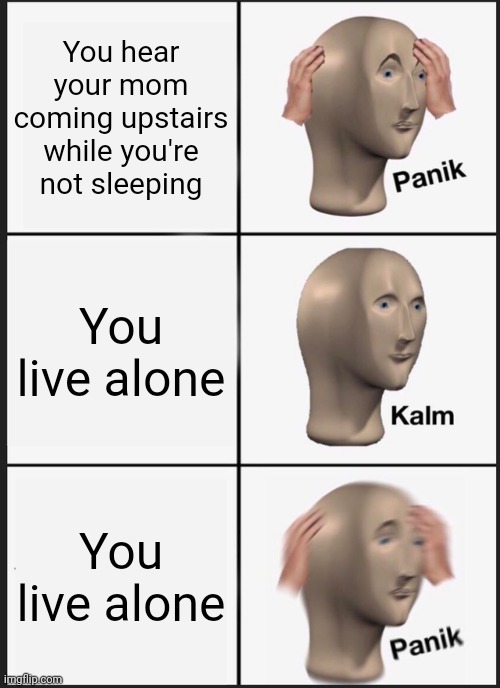 Panik Kalm Panik | You hear your mom coming upstairs while you're not sleeping; You live alone; You live alone | image tagged in memes,panik kalm panik | made w/ Imgflip meme maker