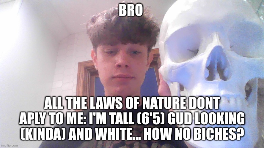 i want white biches thats why i said whit | BRO; ALL THE LAWS OF NATURE DONT APLY TO ME: I'M TALL (6'5) GUD LOOKING (KINDA) AND WHITE... HOW NO BICHES? | image tagged in how abouj thsi inste of | made w/ Imgflip meme maker