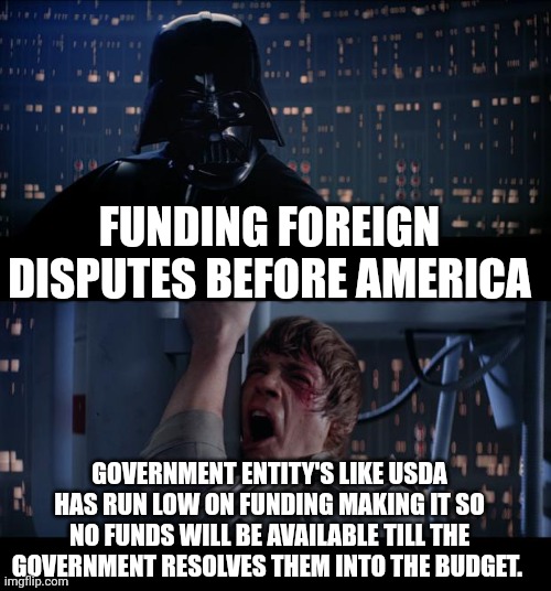 Star Wars No | FUNDING FOREIGN DISPUTES BEFORE AMERICA; GOVERNMENT ENTITY'S LIKE USDA HAS RUN LOW ON FUNDING MAKING IT SO NO FUNDS WILL BE AVAILABLE TILL THE GOVERNMENT RESOLVES THEM INTO THE BUDGET. | image tagged in memes,star wars no | made w/ Imgflip meme maker