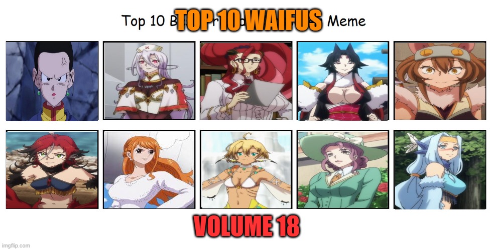 top 10 waifus volume 18 | TOP 10 WAIFUS; VOLUME 18 | image tagged in top 10 best friends crossover meme,waifu,dragon ball z,one piece,anime,monsters | made w/ Imgflip meme maker