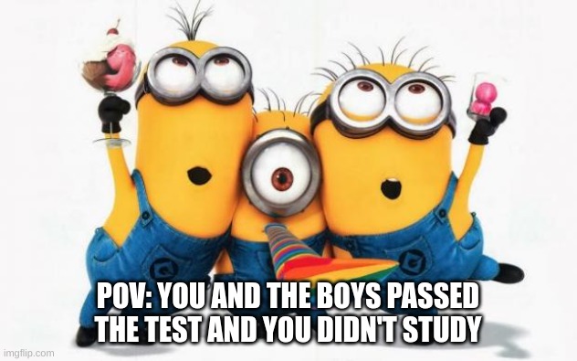 Minions Yay | POV: YOU AND THE BOYS PASSED THE TEST AND YOU DIDN'T STUDY | image tagged in minions yay | made w/ Imgflip meme maker