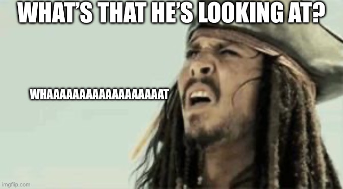 Captain Jack Sparrow | WHAT’S THAT HE’S LOOKING AT? WHAAAAAAAAAAAAAAAAAAT | image tagged in captain jack sparrow | made w/ Imgflip meme maker