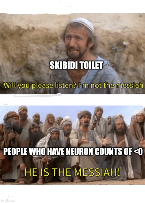 Basically True | SKIBIDI TOILET; PEOPLE WHO HAVE NEURON COUNTS OF <0 | image tagged in he is the messiah | made w/ Imgflip meme maker