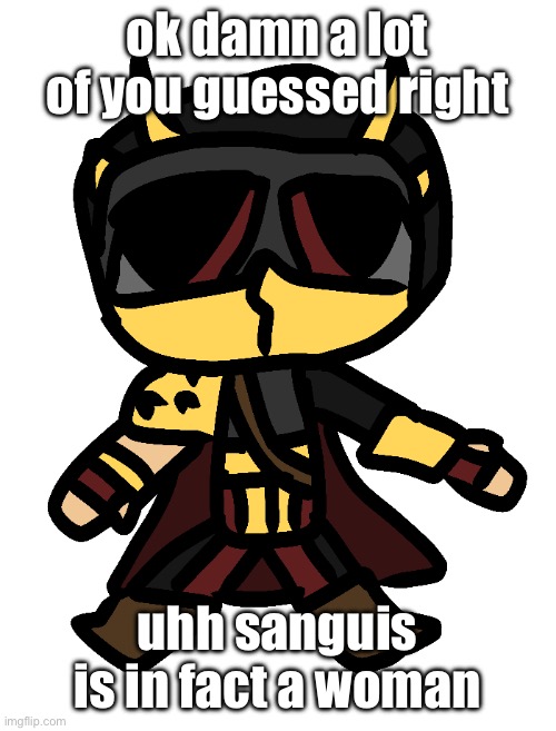 no picture of her without mask for you though | ok damn a lot of you guessed right; uhh sanguis is in fact a woman | image tagged in silly sanguis | made w/ Imgflip meme maker