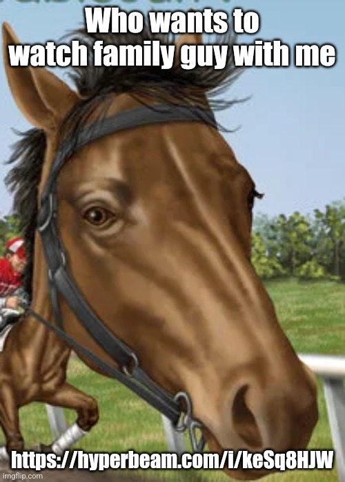 Big horse | Who wants to watch family guy with me; https://hyperbeam.com/i/keSq8HJW | image tagged in big horse | made w/ Imgflip meme maker