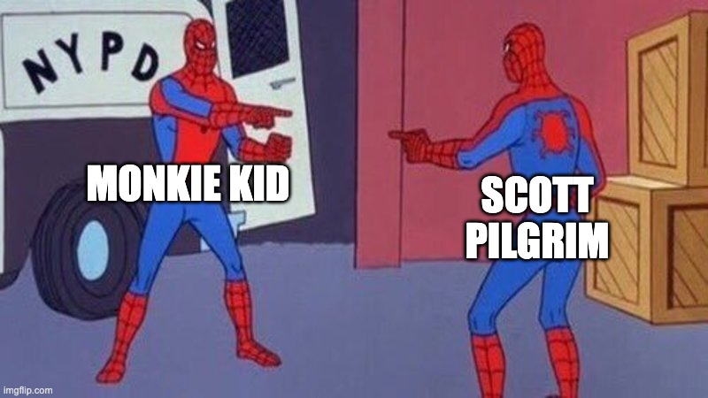 The line has been blurred | MONKIE KID; SCOTT PILGRIM | image tagged in spiderman pointing at spiderman,anime,animation,lego,scott pilgrim | made w/ Imgflip meme maker