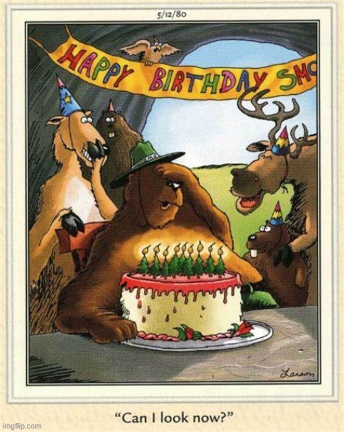 image tagged in smokey bear,birthday,birthday cake,candles,trees,smokey the bear | made w/ Imgflip meme maker