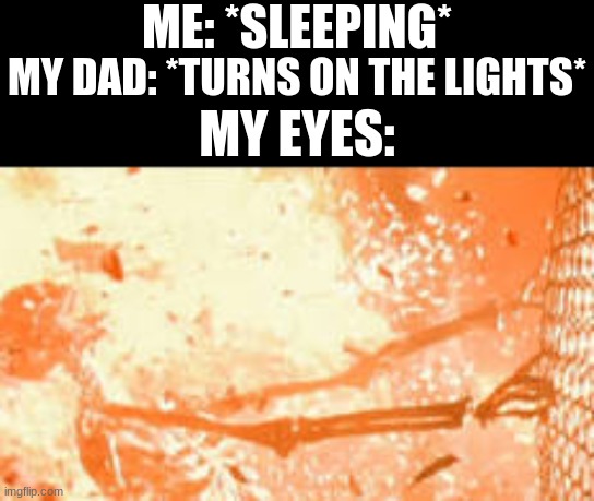 j i[0of g35qup9i 3gij[r | ME: *SLEEPING*; MY DAD: *TURNS ON THE LIGHTS*; MY EYES: | image tagged in skeleton burning behind fence,memes,unfunny,eyes,dad | made w/ Imgflip meme maker