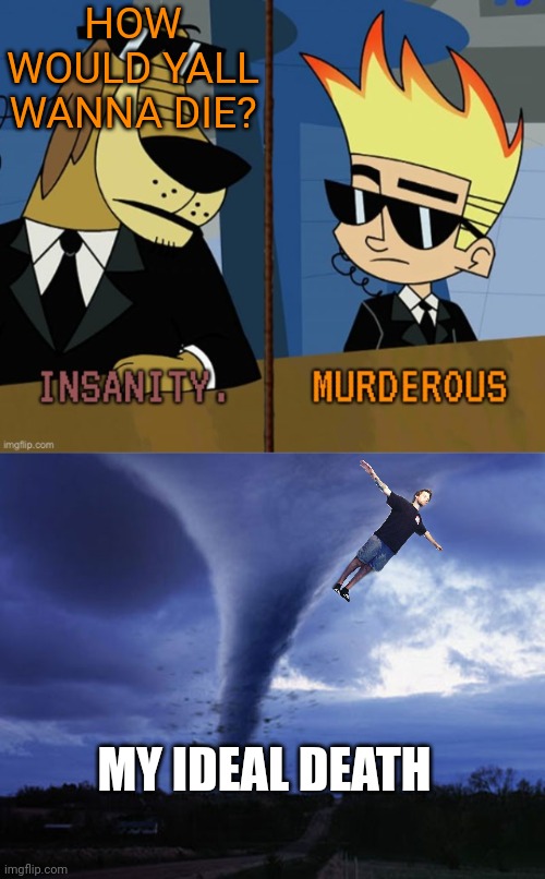HOW WOULD YALL WANNA DIE? MY IDEAL DEATH | image tagged in insanity and murderous,tornado | made w/ Imgflip meme maker