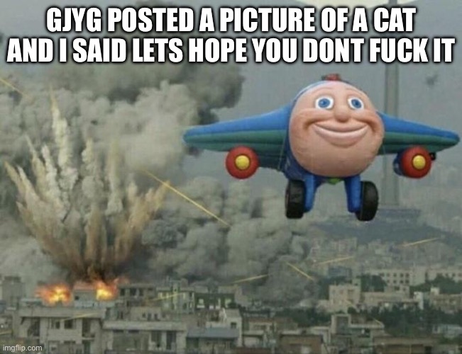 Plane flying from explosions | GJYG POSTED A PICTURE OF A CAT AND I SAID LETS HOPE YOU DONT FUCK IT | image tagged in plane flying from explosions | made w/ Imgflip meme maker