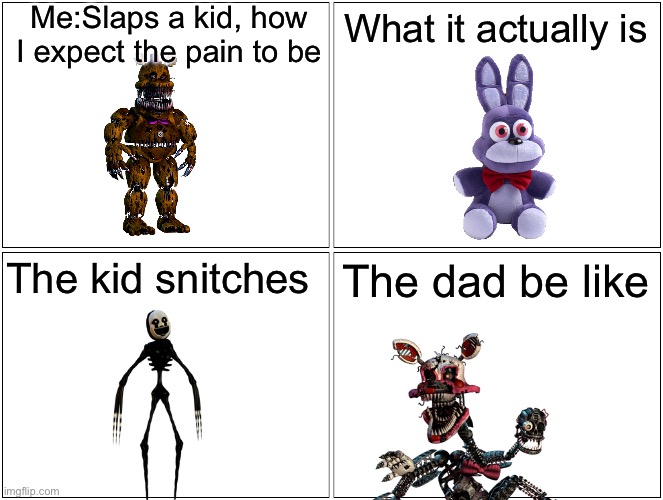 Snitches be like: | Me:Slaps a kid, how I expect the pain to be; What it actually is; The kid snitches; The dad be like | image tagged in memes,blank comic panel 2x2 | made w/ Imgflip meme maker