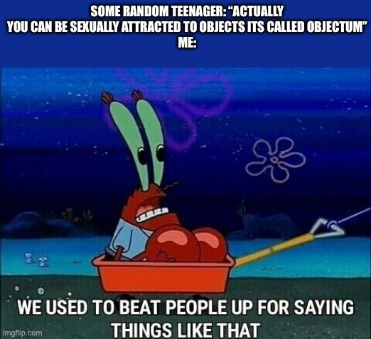 Mr. Krabs We used to beat people up for saying things like that | SOME RANDOM TEENAGER: “ACTUALLY YOU CAN BE SEXUALLY ATTRACTED TO OBJECTS ITS CALLED OBJECTUM”
ME: | image tagged in mr krabs we used to beat people up for saying things like that | made w/ Imgflip meme maker