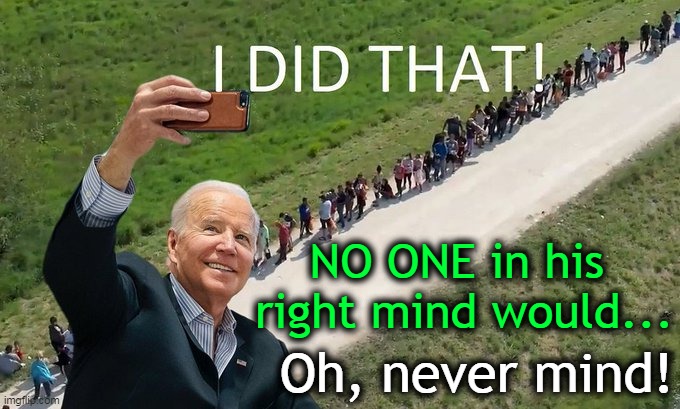Joe has lined his pockets while overseeing the destruction of America. | NO ONE in his 
right mind would... Oh, never mind! | image tagged in politics,joe biden,open borders,destruction,america,illegals | made w/ Imgflip meme maker