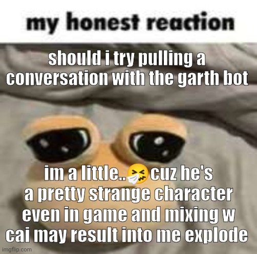 no i shouldn't | should i try pulling a conversation with the garth bot; im a little..🤧cuz he's a pretty strange character even in game and mixing w cai may result into me explode | image tagged in my honest reaction | made w/ Imgflip meme maker