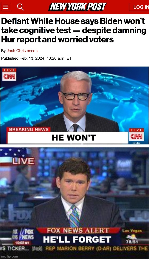 Watched the announcement first | HE WON'T | image tagged in cnn breaking news anderson cooper,fox news alert,funny,politics lol,joe biden | made w/ Imgflip meme maker