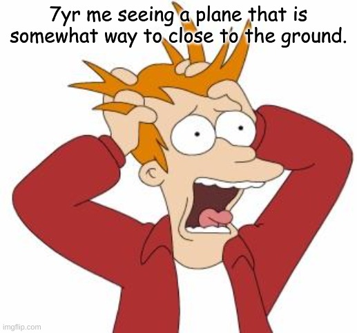 happens to the best of us ig | 7yr me seeing a plane that is somewhat way to close to the ground. | image tagged in fry freaking out,bored,follow ig | made w/ Imgflip meme maker
