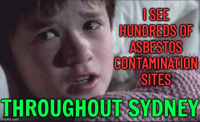 I see hundreds of asbestos contamination sites throughout Sydney | I SEE
HUNDREDS OF
ASBESTOS
CONTAMINATION
SITES; THROUGHOUT SYDNEY | image tagged in memes,i see dead people,meanwhile in australia,australia,australians,environment | made w/ Imgflip meme maker