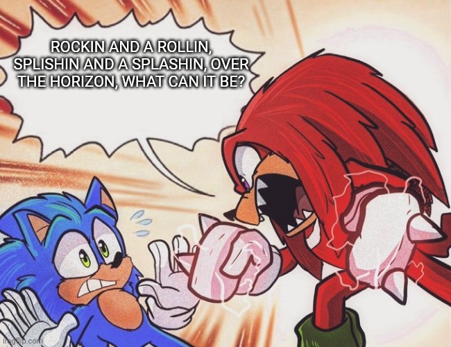 Knuckles yelling at Sonic | ROCKIN AND A ROLLIN, SPLISHIN AND A SPLASHIN, OVER THE HORIZON, WHAT CAN IT BE? | image tagged in knuckles yelling at sonic | made w/ Imgflip meme maker